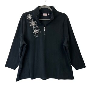Quacker Factory 1/4 Zip Fleece Pullover Women's 3X Black Snowflake Embellished